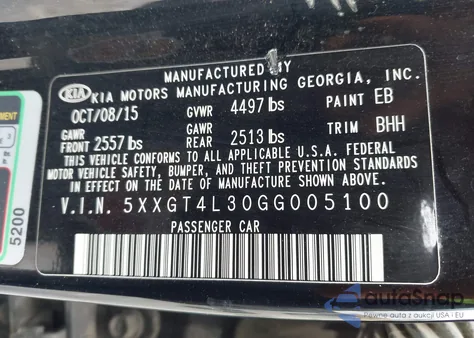 2016 Kia Optima Lx from USA, damaged, VIN 5XXGT4L30GG005100